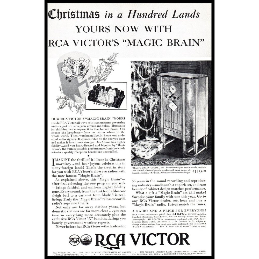 1934 RCA Victor Magic Brain 242 Console Radio Vintage Print Ad Christmas Tree